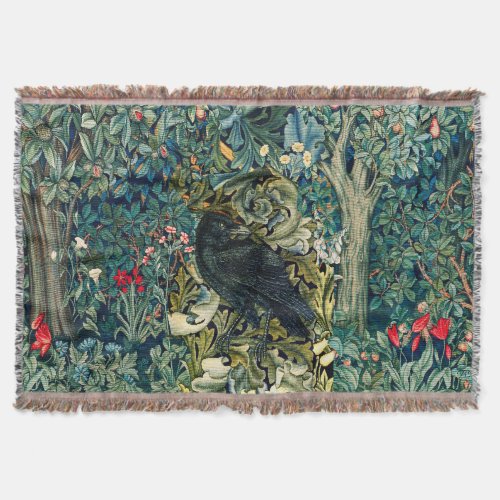 GREENERY FOREST ANIMALS RAVEN IN GREEN FLORAL THROW BLANKET