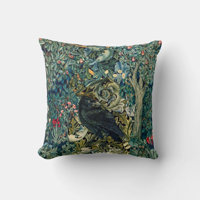 GREENERY, FOREST ANIMALS ,RAVEN IN GREEN FLORAL THROW PILLOW (Front)