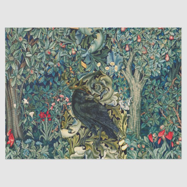 GREENERY, FOREST ANIMALS ,RAVEN IN GREEN FLORAL TISSUE PAPER (Front)