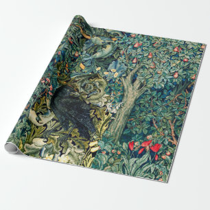 GREENERY, FOREST ANIMALS ,RAVEN IN GREEN FLORAL WRAPPING PAPER