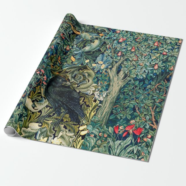 GREENERY, FOREST ANIMALS ,RAVEN IN GREEN FLORAL WRAPPING PAPER (Unrolled)