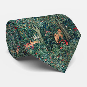 GREENERY,FOREST ANIMALS Red Fox,Hares,Green Floral Neck Tie