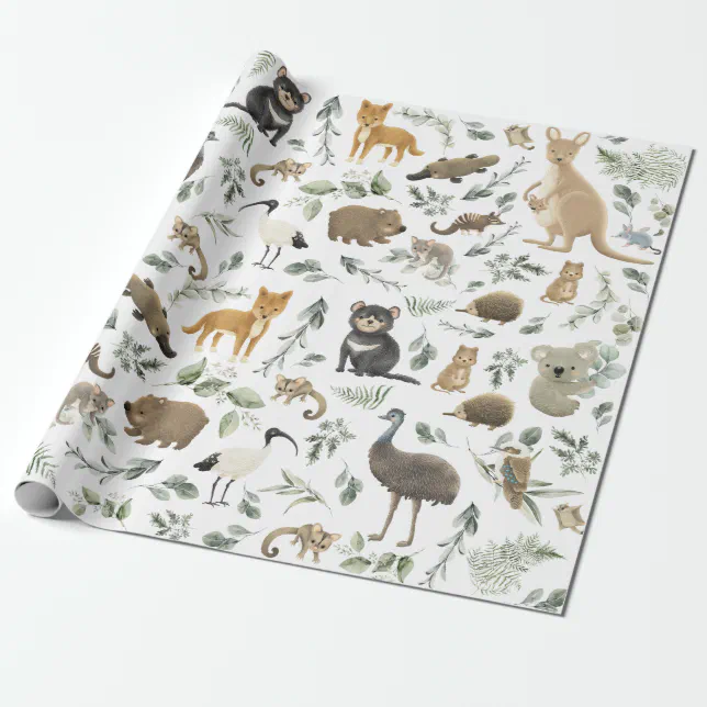 Greenery Forest Australian Animals Baby Birthday Wrapping Paper | Zazzle