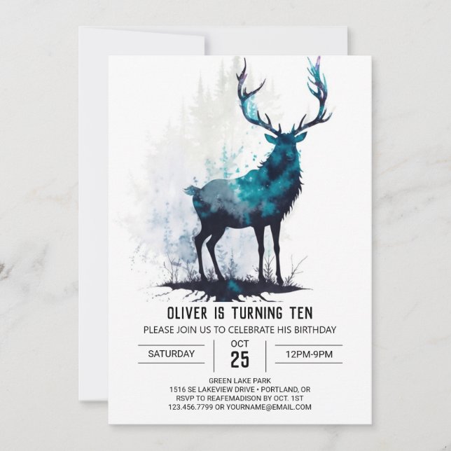 Greenery Forest Stag Custom Birthday Invitation (Front)