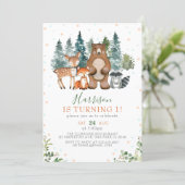 Greenery Forest Woodland Animals 1st Birthday Invitation (Standing Front)