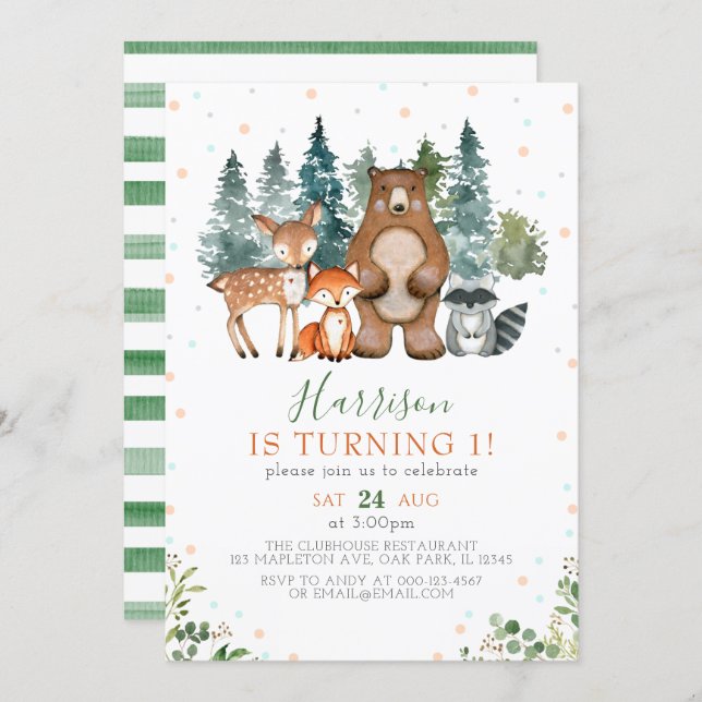 Greenery Forest Woodland Animals 1st Birthday Invitation (Front/Back)