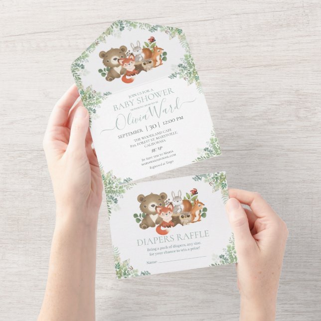 Greenery Forest Woodland Animals Baby Shower All In One Invitation (Tearaway)