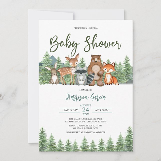 Greenery Forest Woodland Animals Baby Shower Invitation (Front)