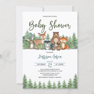 Greenery Forest Woodland Animals Baby Shower Invitation