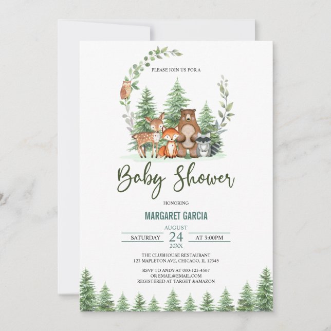 Greenery Forest Woodland Animals Baby Shower Invitation (Front)