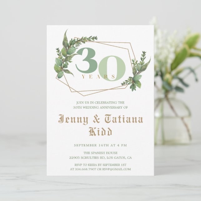 Greenery Frame 30th Wedding Anniversary Invitation (Standing Front)