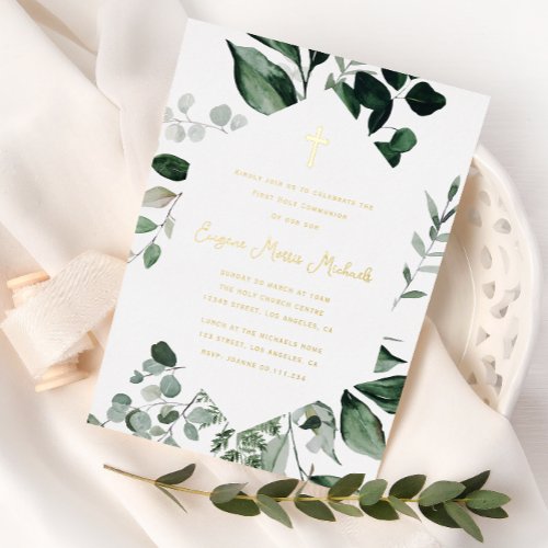 greenery frame first communion foil invitation