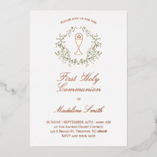 greenery frame First Holy Communion Foil Invitation