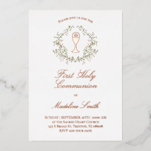 greenery frame First Holy Communion Foil Invitation