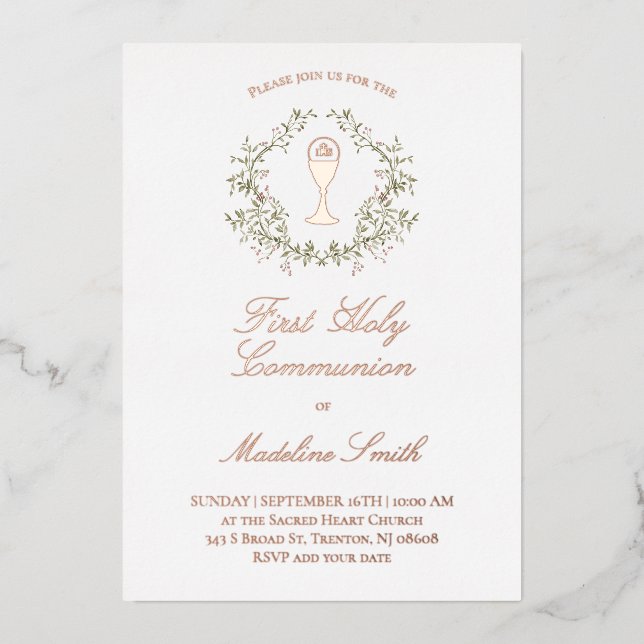 greenery frame First Holy Communion Foil Invitation (Front)