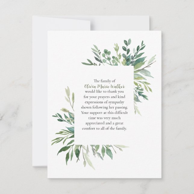 Greenery Frame Funeral Script Thank You Note Card (Front)