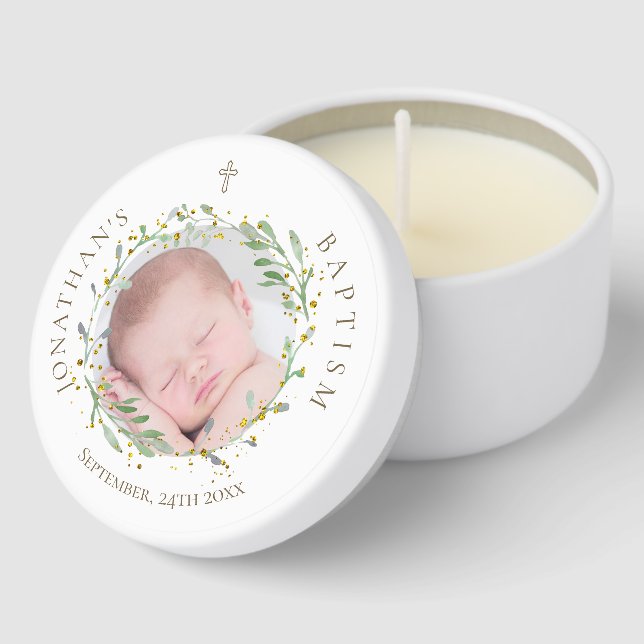greenery frame photo Baptism Mini Candle Favors (Corner)