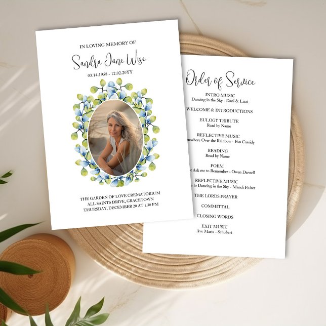 Greenery Frame Photo Funeral Order of Service Card (Funeral Order of Service Program with photo framed with greenery by Darling & May)