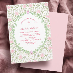 Greenery Frame Pink Roses Baptism Invitation