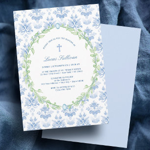 Greenery Frame White Blue Baptism Invitation