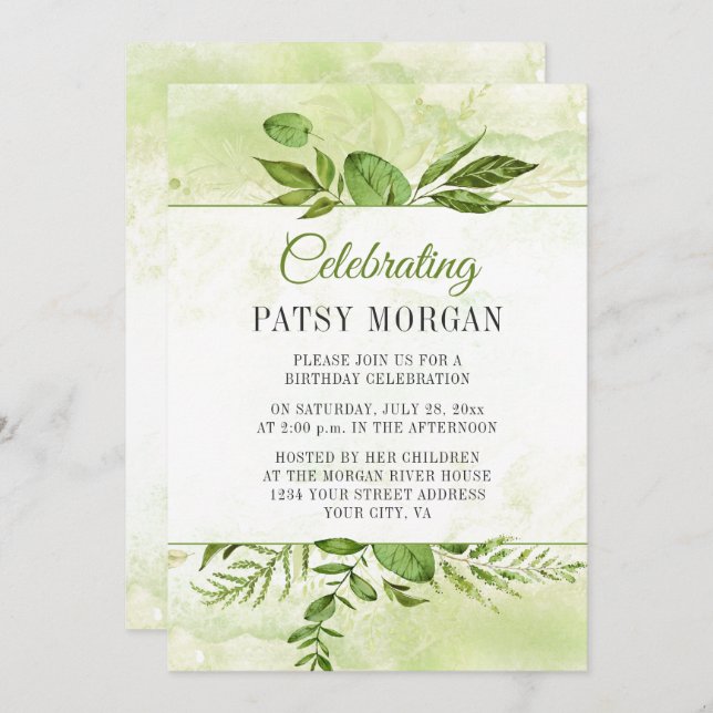 Greenery Framed Watercolor Splash Birthday Invitation (Front/Back)