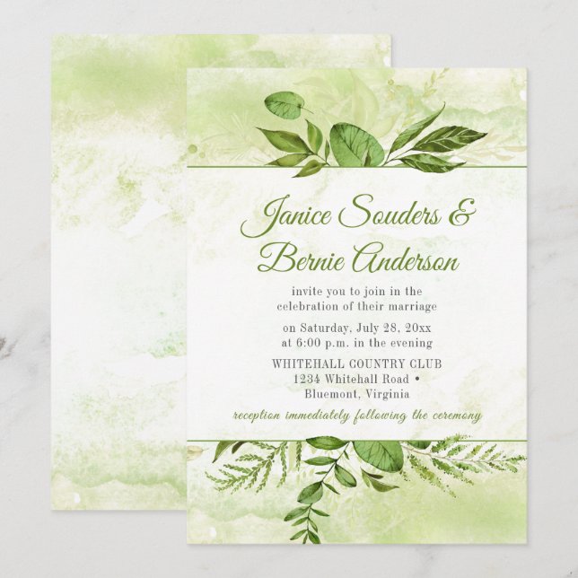 Greenery Framed Watercolor Splash Wedding Invitation (Front/Back)