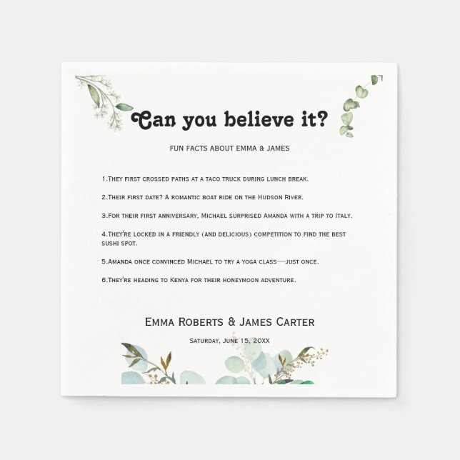 Greenery Fun Facts Modern Wedding Napkins (Front)