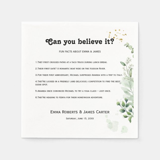 Greenery Fun Facts Modern Wedding Napkins (Front)