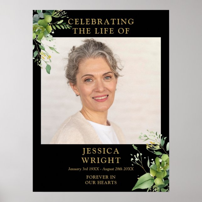 Greenery Funeral Celebration Of Life Photo Sign (Front)