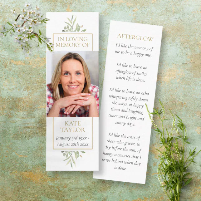 Greenery Funeral Memorial Poem Photo Bookmark Mini Business Card | Zazzle