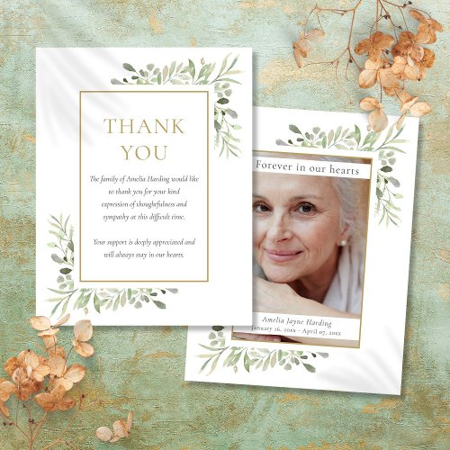 Greenery Funeral Photo Thank You Card
