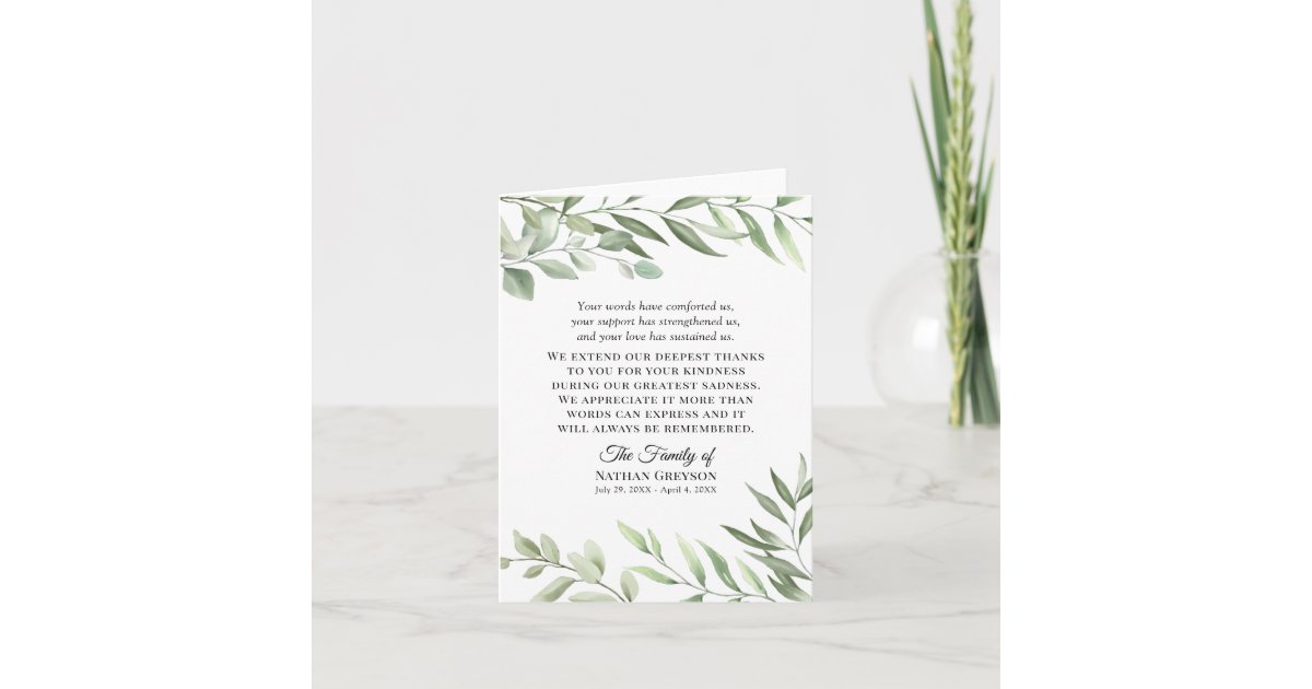 Greenery Funeral Sympathy Thank You Card | Zazzle