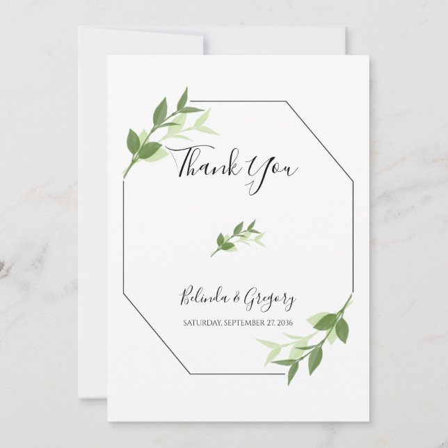Greenery Garden Leaves Frame Wedding Thank You Card (Back)