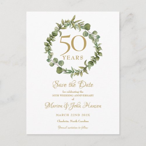 Greenery Garland 50th Anniversary Save the Date Announcement Postcard
