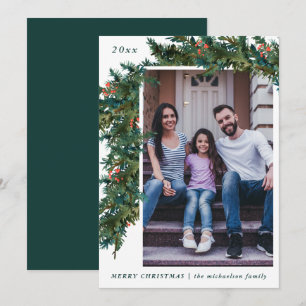 Greenery Garland and Dark Teal Photo Holiday Card