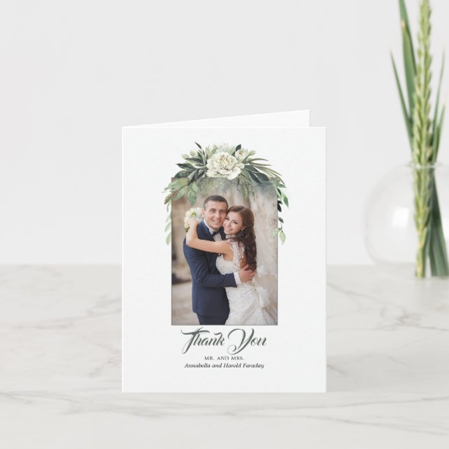 Greenery Garland and Peony Wedding Thank You Photo (Front)