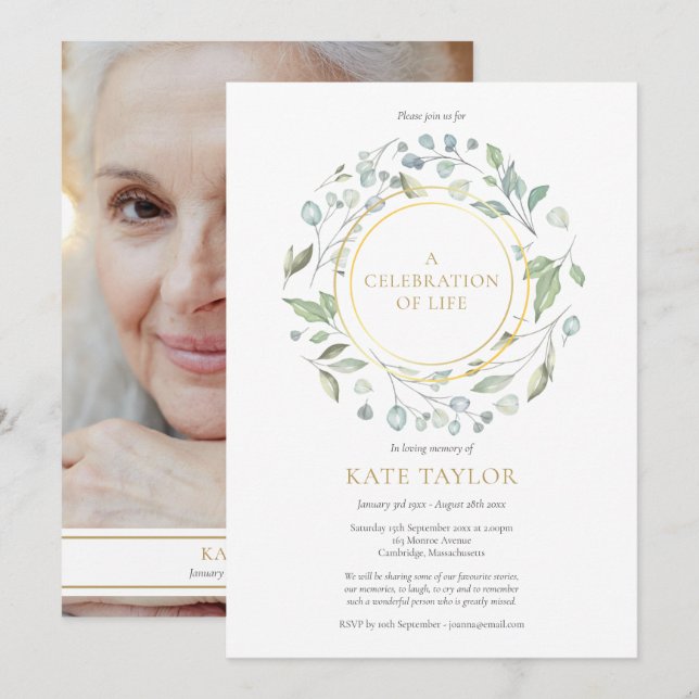Greenery Garland Gold Celebration of Life Photo Invitation (Front/Back)
