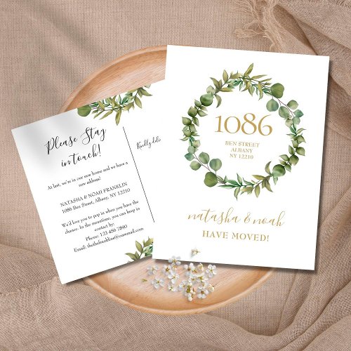 Greenery Garland Gold New Address Weve Moved Announcement Postcard