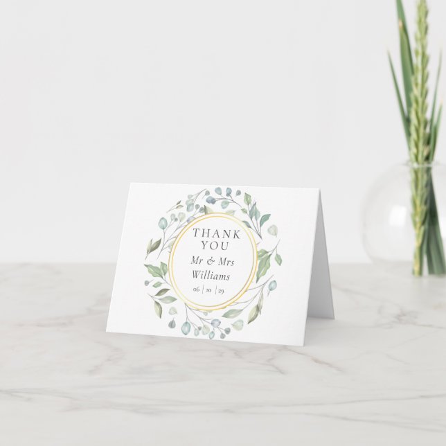 Greenery Garland Gold Wedding Thank You Card (Front)