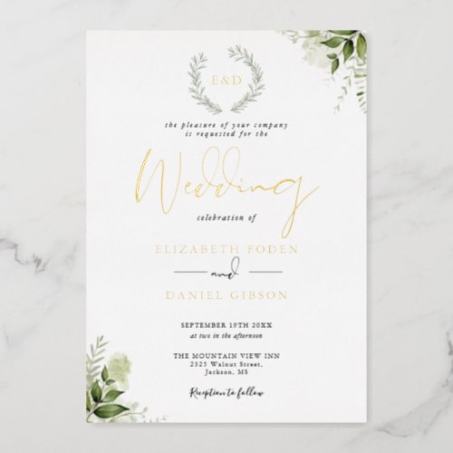 Greenery Garland Monogram Wedding Gold Foil Invitation