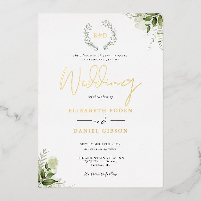 Greenery Garland Monogram Wedding Gold Foil Invitation (Front)