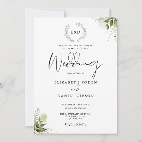 Greenery Garland Monogram Wedding Invitation