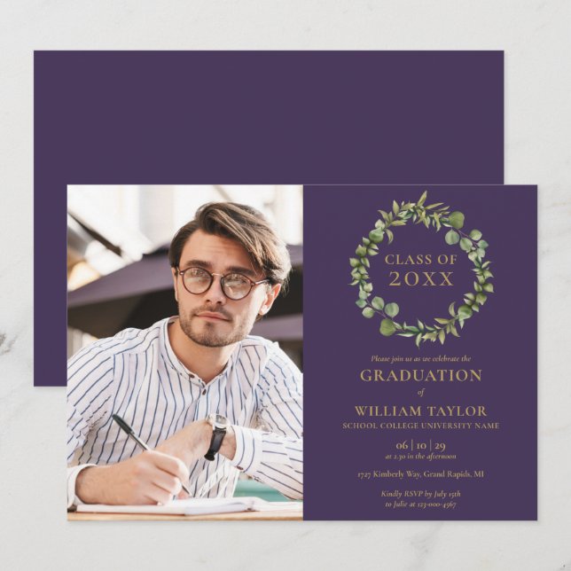 Greenery Garland Purple Photo Graduation Party Inv Invitation (Front/Back)