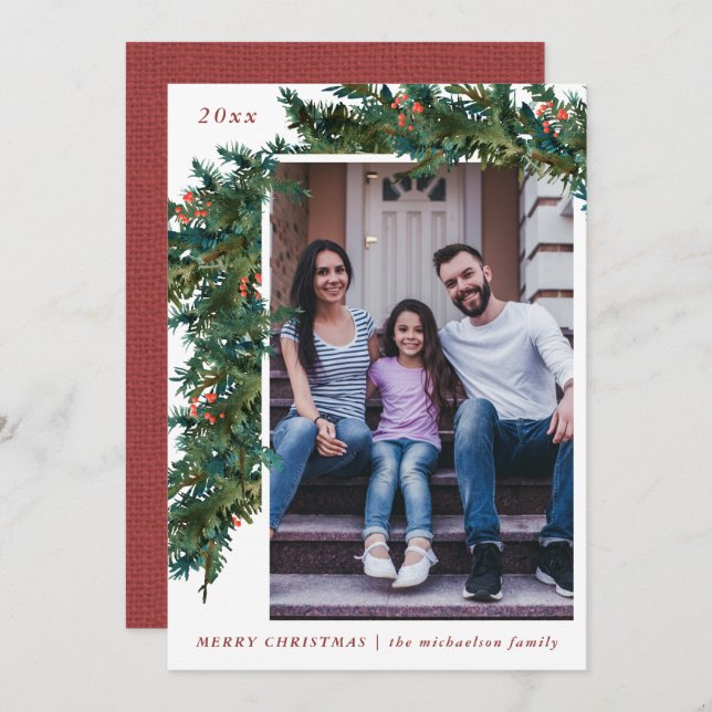 Greenery Garland Red Burlap Look Photo Holiday (Front/Back)