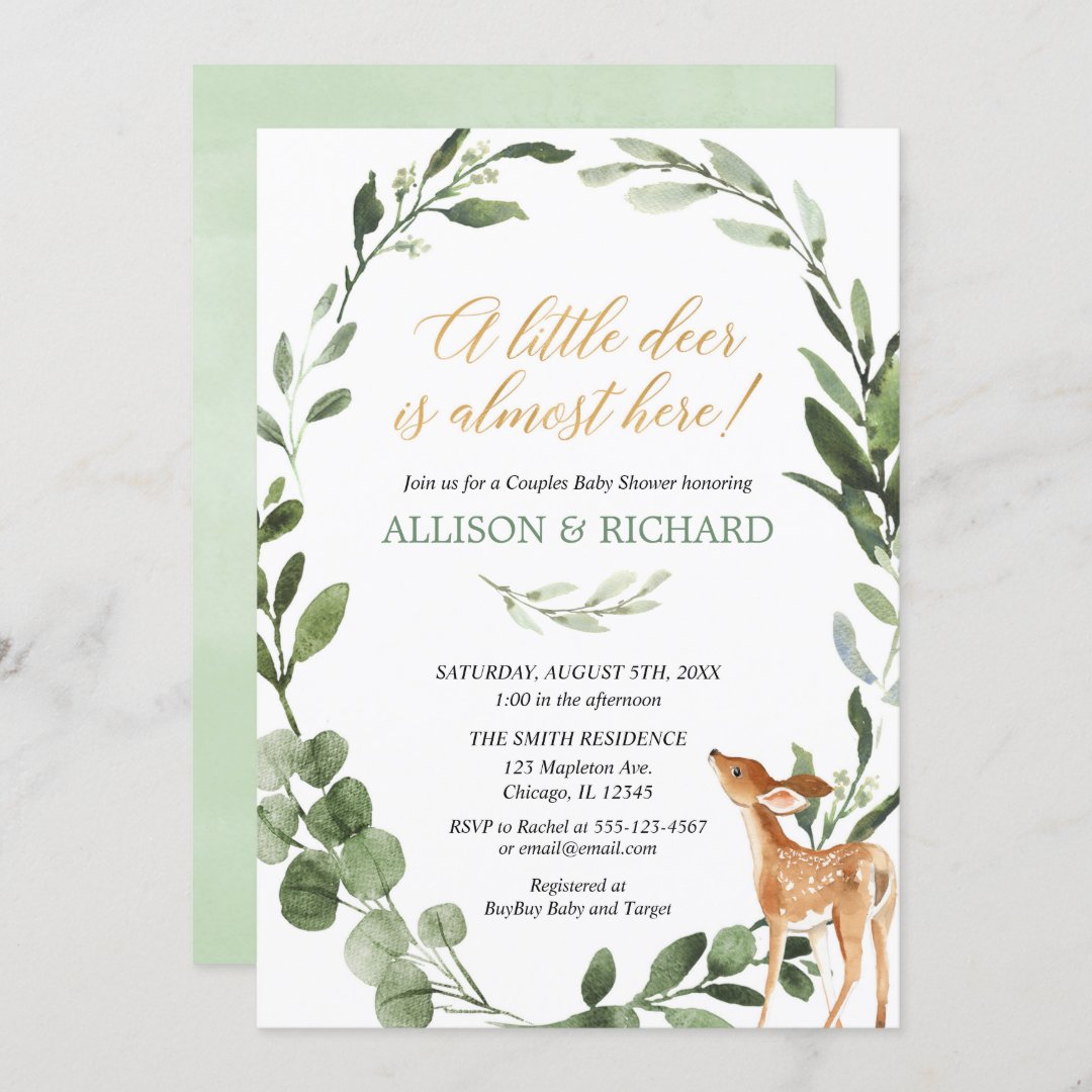 Greenery Gender neutral deer couples baby shower Invitation | Zazzle