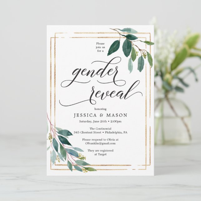 Greenery Gender Reveal Invites Card (Standing Front)