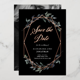Greenery Geo Black   Rose Gold Save The Date Foil Invitation