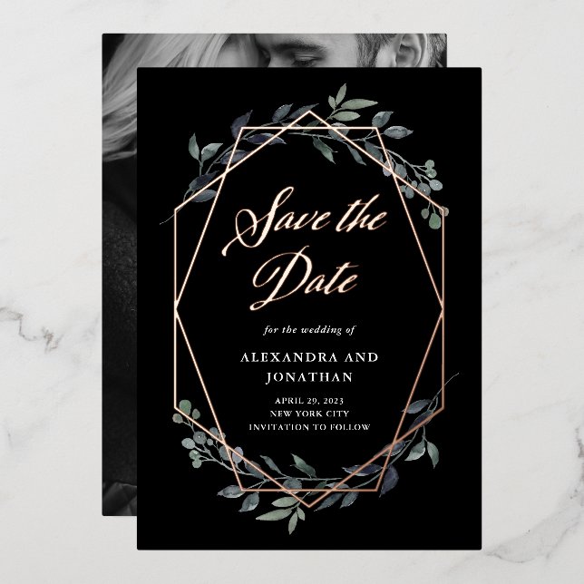 Greenery Geo Black | Rose Gold Save The Date Foil Invitation (Front/Back)