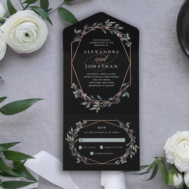 Greenery Geo Black | Rose Gold Wedding All In One Invitation (Creator Uploaded)