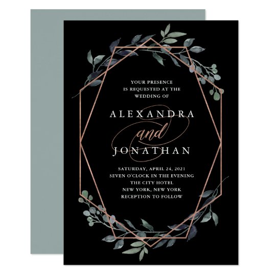 Greenery Geo Black Rose Gold Wedding Invitation